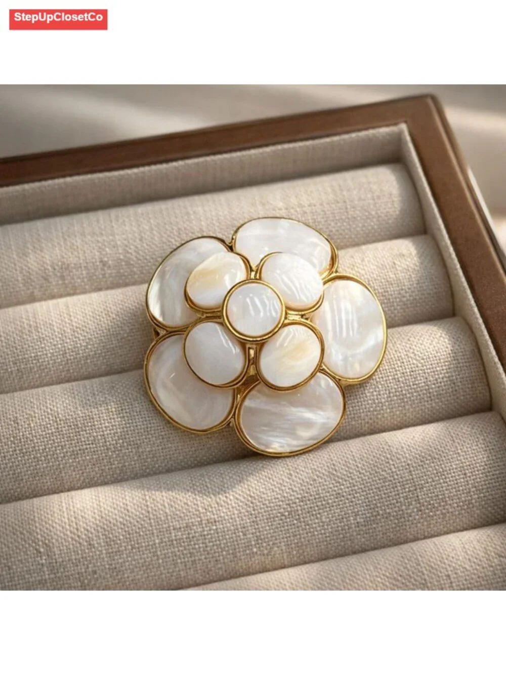 Luxury Copper & Natural Seashell Camellia Brooch Floral Pin